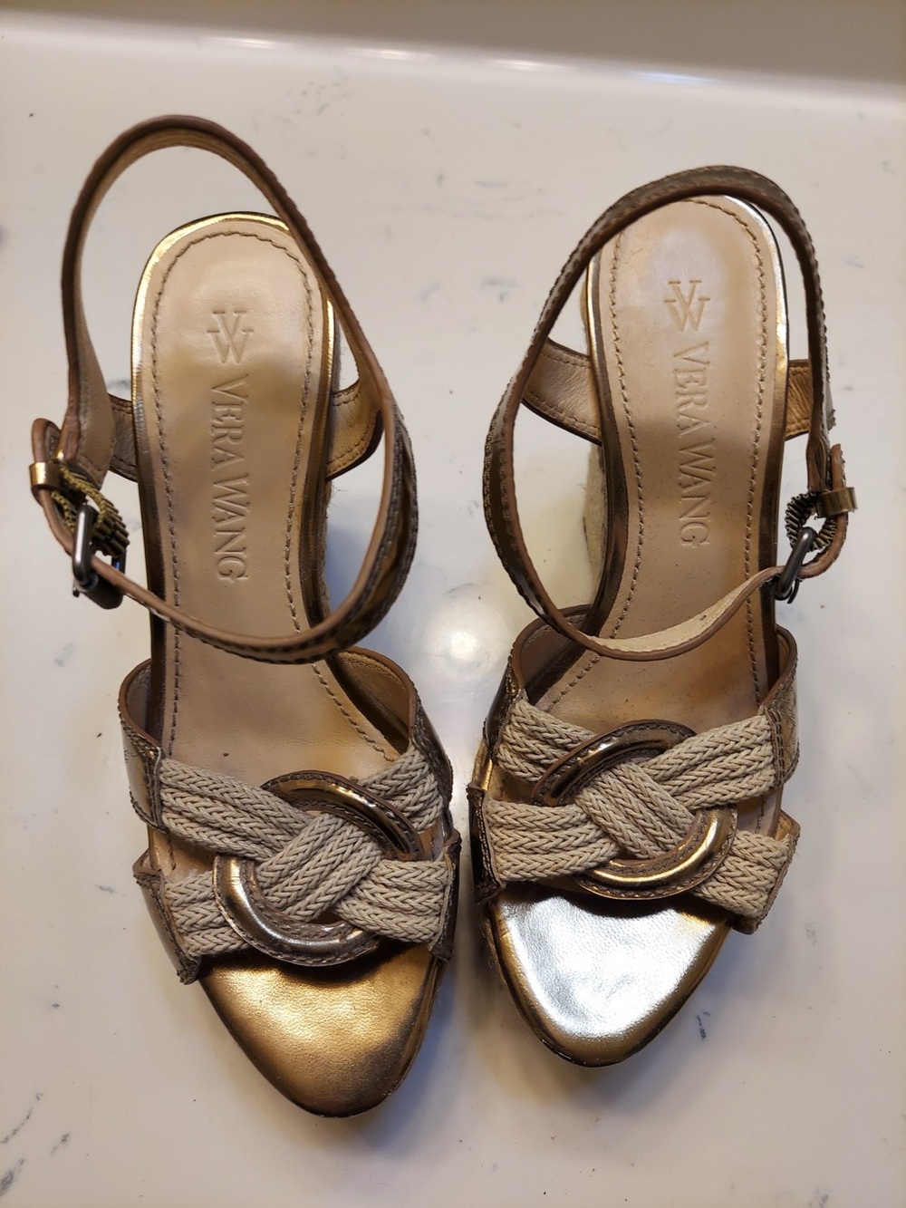 Vera Wang Gold Braided Wedges with Natural Straps
